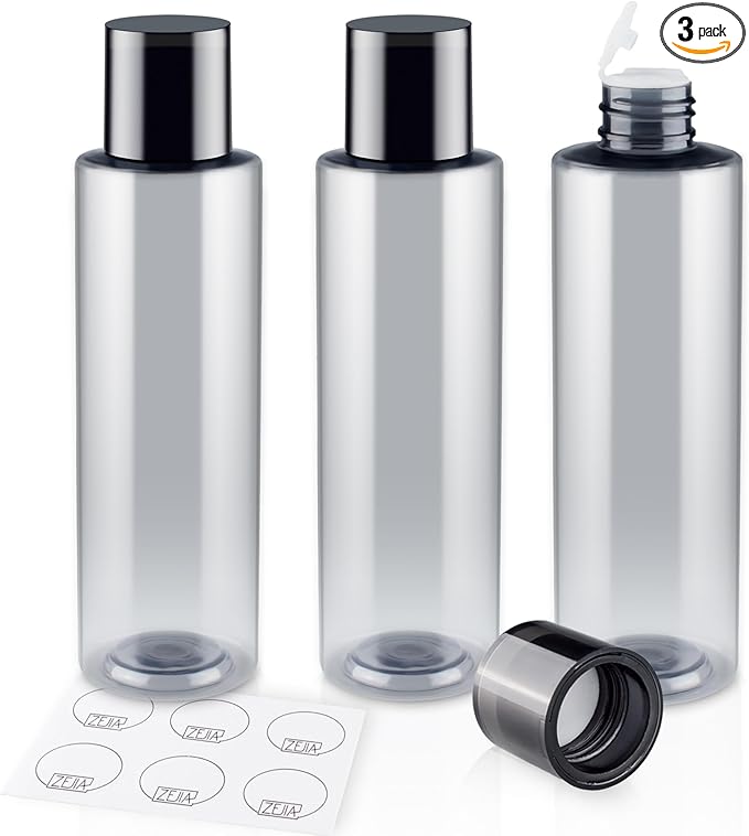 ZEJIA 200ML/6.8OZ Travel Size Toiletries, 3 Pack Travel Size Containers, Leak Proof Plastic Bottles for Shampoo, Lotion, Body Wash with 6pcs Labels