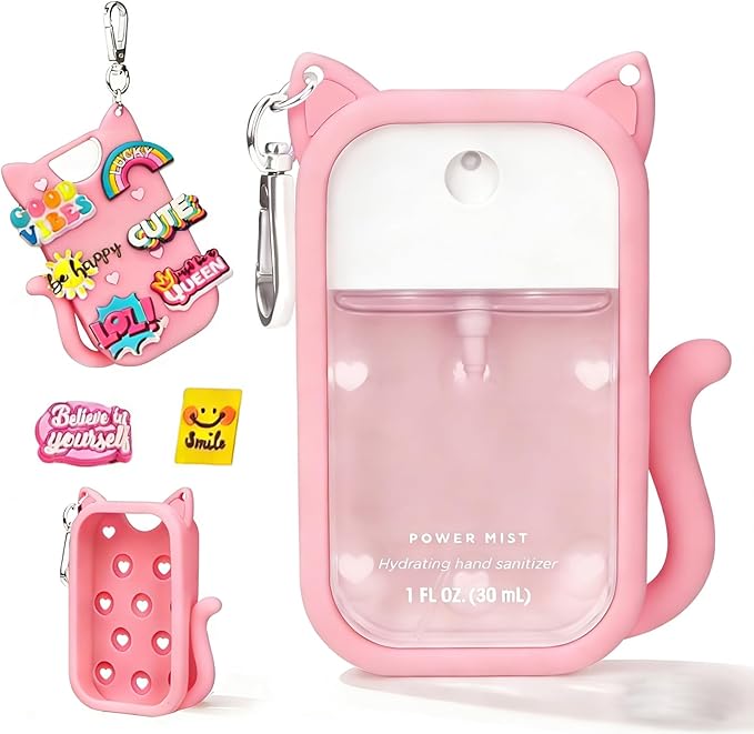 Portable Silicone Case Compatible with Touchland Hand Sanitizer 1 FL OZ / 30ML, Cute Cat-Shaped Case with 8 Charms and Keychain, Hand Sanitizer Spray Accessory, Gift for Women And Teens(Pink cat)