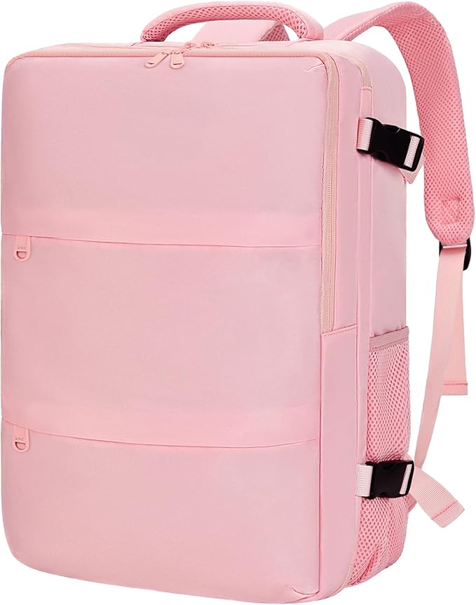 Carry On Backpack for Women & Men – Airline Approved Underseat Size, 15.6" Laptop Compartment, TSA-Friendly 180° Opening, Anti-Theft Business Travel Backpack with Trolley Sleeve (Pink, Large)