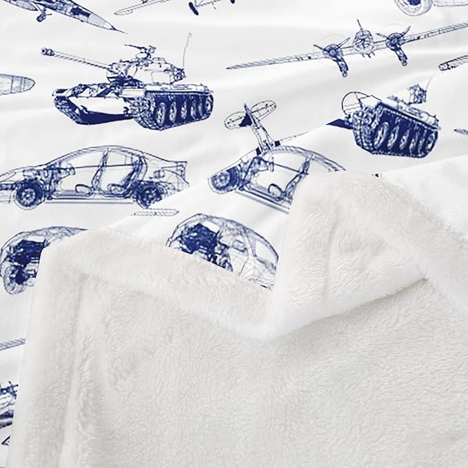 Airplane Kids Throw Blanket,American Aircraft Tank Toddler Bed Blanket for Girls Boys Adults,Racing Car Hand-Painted Sketch Fleece Blanket,Blue White Fuzzy Blanket,Queen Size (90 x 90 Inches)