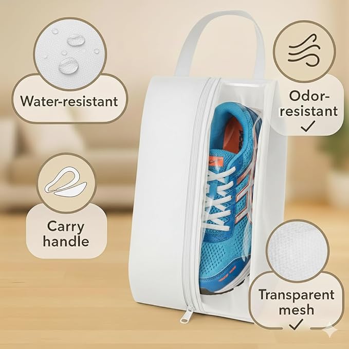 Shoe Bag for Travel, Gym & Sports – Water-Resistant Shoe Pouch with Transparent Mesh Panel, Durable Zipper & Carry Handle – Fits Men’s Size 12 – Keeps Clothes Clean & Odor-Free (White)