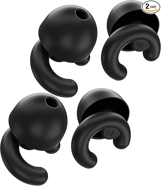 Noise Cancelling Ear Plugs for Sleep, Small Ear Fit - No-Pain for Side Sleepers, 33dB NRR Reusable Silicone One-Piece Design, 2 Sizes for Adults & Kids, Portable Case (Black, 2 Pair)