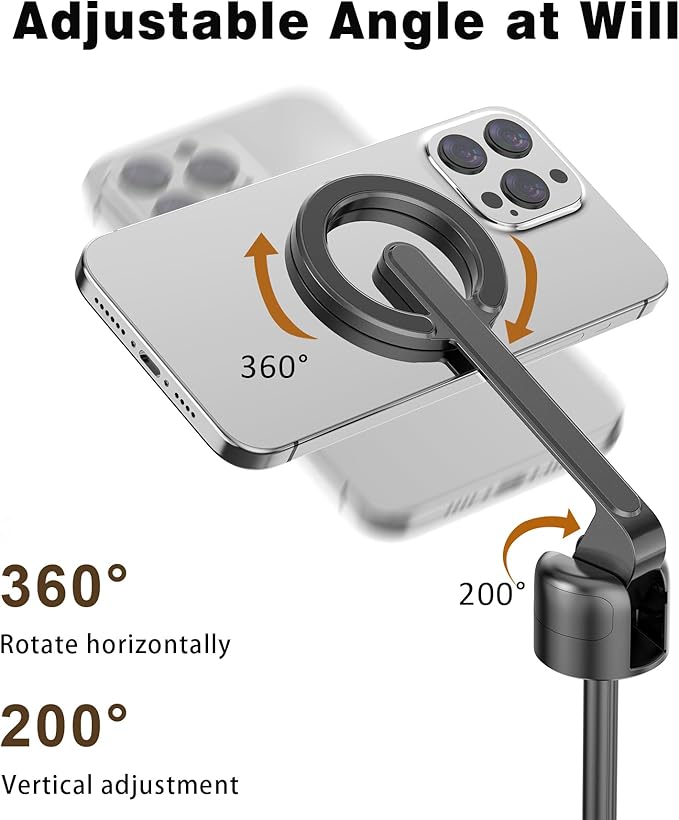 TONEOF 68" Magnetic Selfie Stick Tripod with Aluminum Strong Magnetic Holder for Magsafe, 360° Rotatable Travel Phone Tripod Stand with Metal Ring & Rechargeable Remote for iPhone/Android（Black）