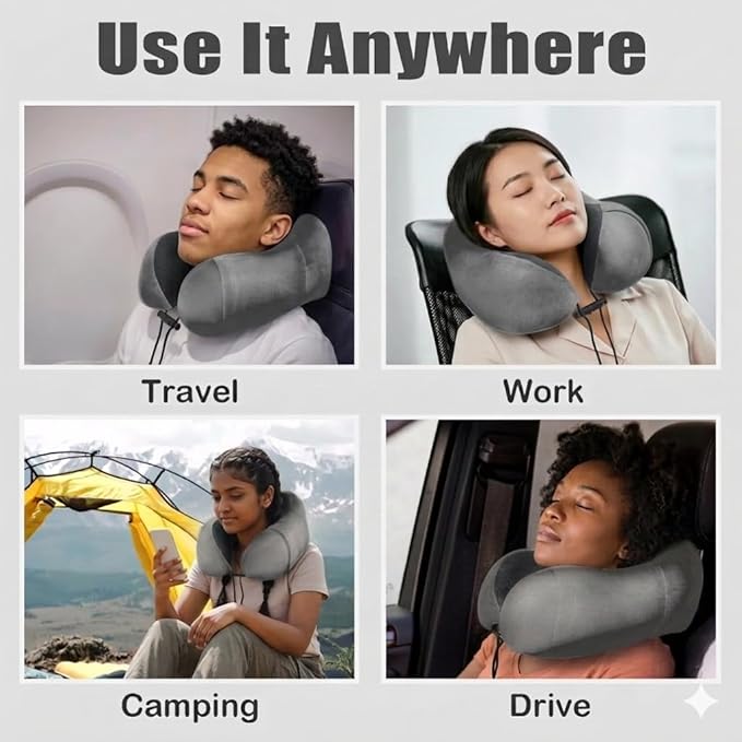 Airplane Travel Neck Pillow, 100% Memory Foam Ergonomic Neck Support, Airplanes Neck Pillow with Washable Cover Travel Essential for Flight, Office includes Eye Masks, Earplugs & Carry Bag (Dark Gray)