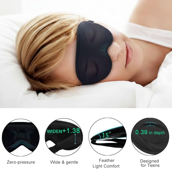 3D Sleep Mask for Kids & Teens (8-18 Years), Zero Pressure & Blackout Eye Cover – Soft Breathable, Adjustable for Travel, Night Use & Deep Sleep Black