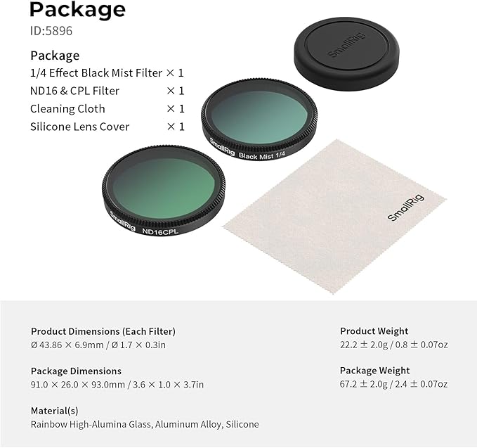 SmallRig Filter Kit for DJI Osmo Action 6, ND16/CPL & 1/4 Black Mist Filter Kit with Silicone Cover, Snap-On Mount, No Need to Remove Lens, Action Camera Accessories for Video Photography-5896