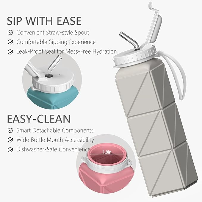 BEAUTAIL Collapsible Water Bottles with Straw 20.6oz, Silicone Foldable Portable Water Bottle, BPA-Free, Leakproof Reusable for Travel Camping Hiking Cycling Yoga Sports, 1 Pack (Starlight)