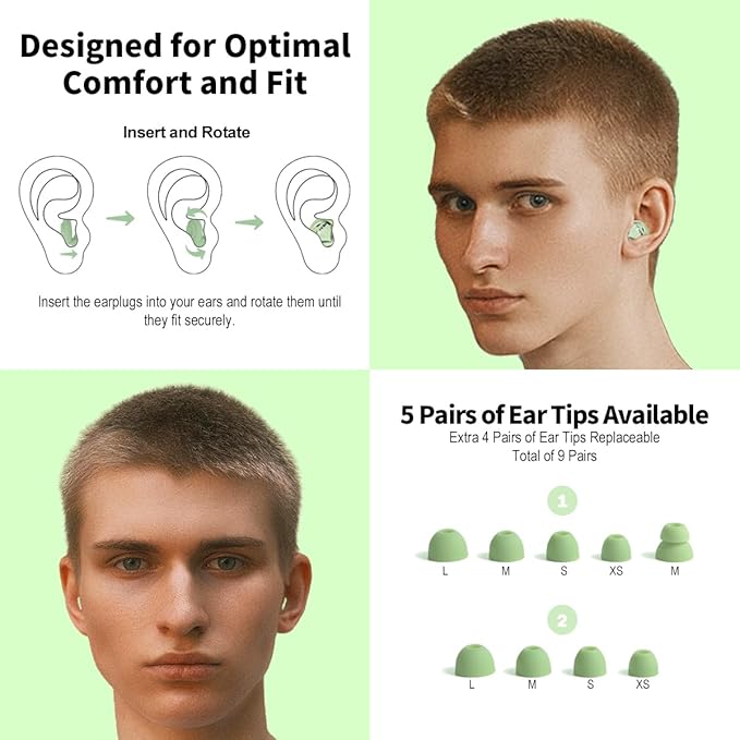 Ear Plugs for Sleeping Ultra-Soft Silicone Earplugs for Noise Cancelling Concerts Reusable Noise Reduction Earbuds for Travel Focus Work 33dB Hearing Protection with 9 Ear Tips & Case (Green)