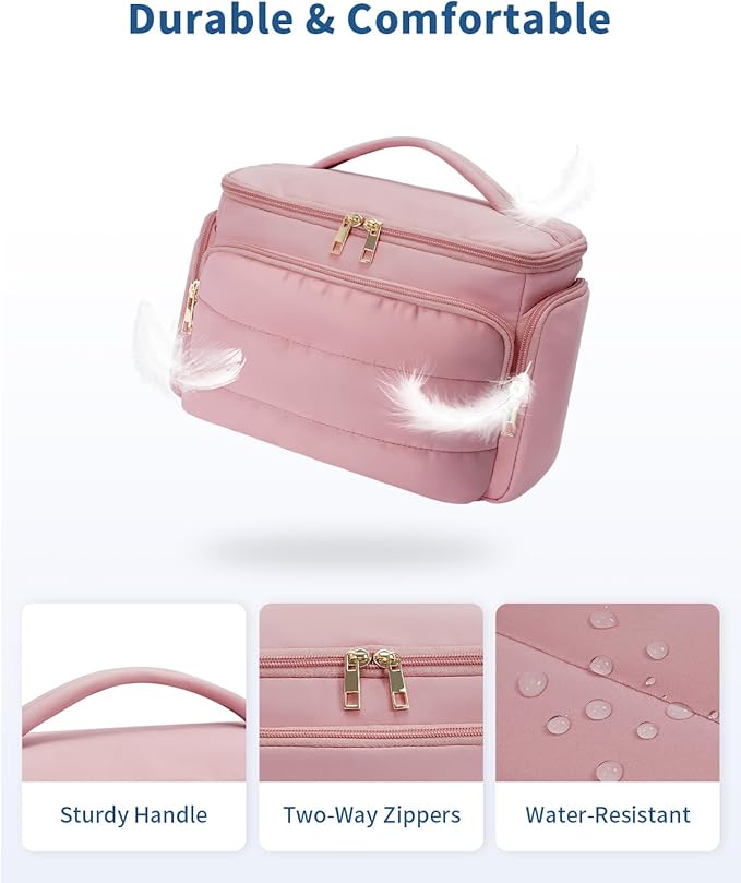 WANDF Travel Toiletry Bag for Women, Wide-open Large Makeup Bag with Handle, Puffy Makeup Organizer for Toiletries, Cosmetics, Accessories, Essentials (Dusty Pink)