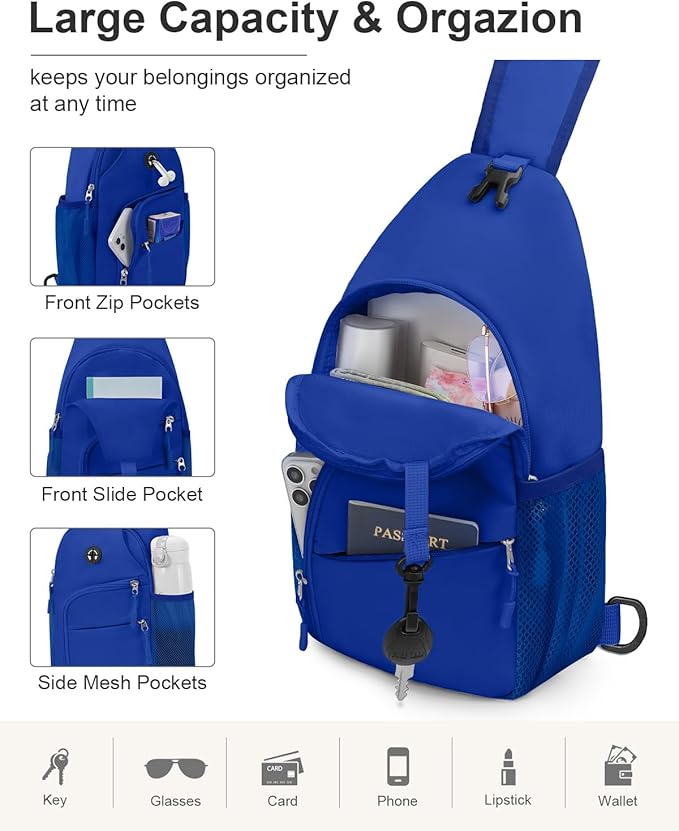 Pritent Crossbody Bags for Women Man, Waterproof Sling Bag Backpack Trendy Casual Cross Body Bags with Convertible Shoulder Strap Chest Bag for Camping Hiking Travel Essentials (Royal Blue, Large)