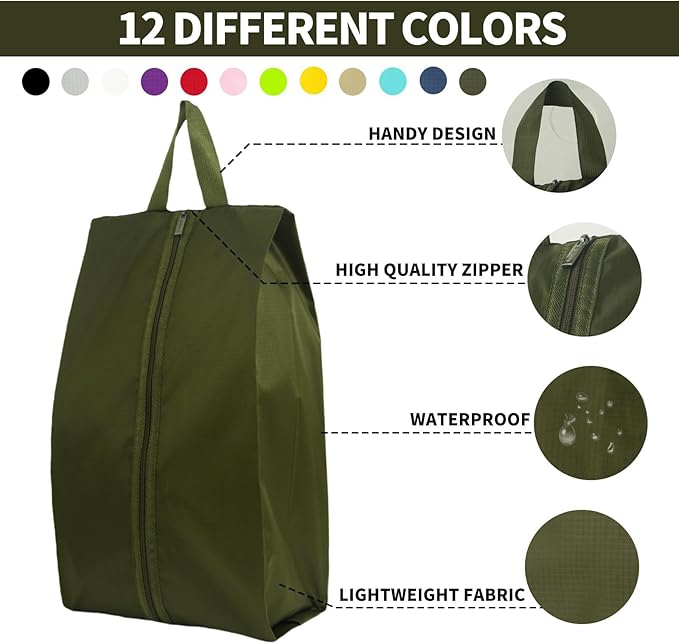 6pcs Portable Shoe Organizer, Travel Pouches with Zipper, Golf Shoe Bags, Clothes Bags, Soccer Cleats Bag, Shoe Pouch for Gym, Waterproof, Odor-Resistant (Dark Green)
