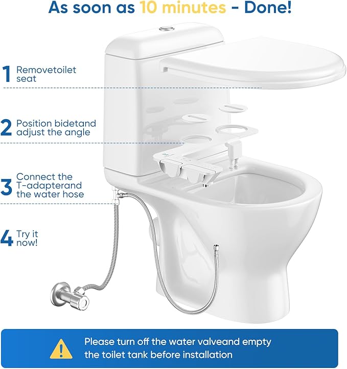 Ultra-Slim 3-in1 Bidet, Self-Cleaning, Posterior&Feminine Wash-(Retractable Dual Nozzles), Non-Electric Bidet Attachment for Toilet Seat, Adjustable Fresh Cold Water Pressure, Stainless Steel Inlet