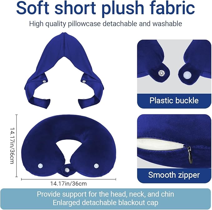 Travel Pillow with Removable Large Hood, Memory Foam Neck Pillow for Airplane, Car, Train Travel Sleeping & Rest, with Soft Cover (Blue)
