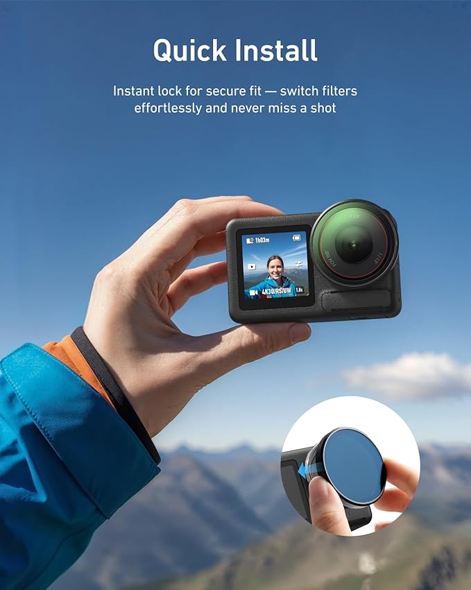 TELESIN Filters Set for DJI Osmo Action 5 Pro / 4/3, VND 2-32 Variable ND Filter, CPL Polarizer & UV Lens Filter Kit, Snap-On HD Optical Glass Filters for Vlogging, Travel & Action Camera Video