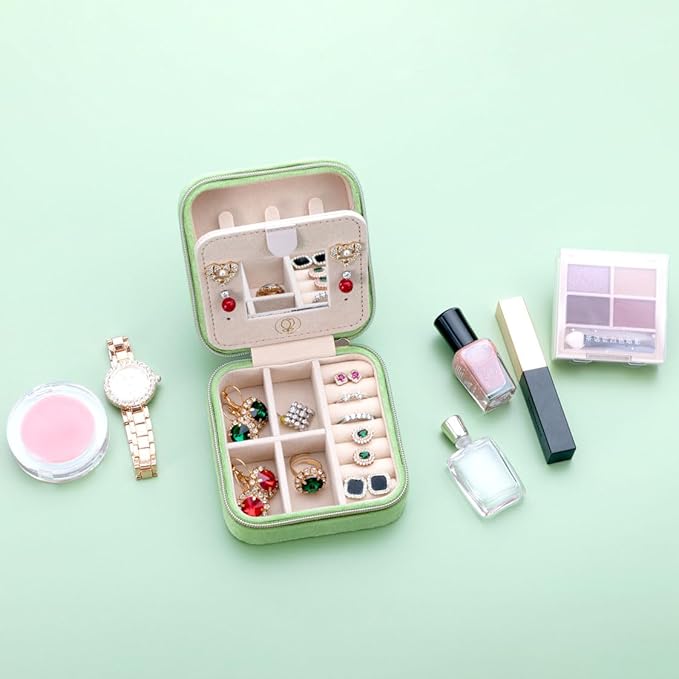 ZPROW Plush Velvet Travel Jewelry Case, Travel Jewelry Organizer, Jewelry Travel Case, Travel Jewelry Box, Small Jewelry Case, Jewelry Travel Box, Earring Organizer with Mirror - LightGreen