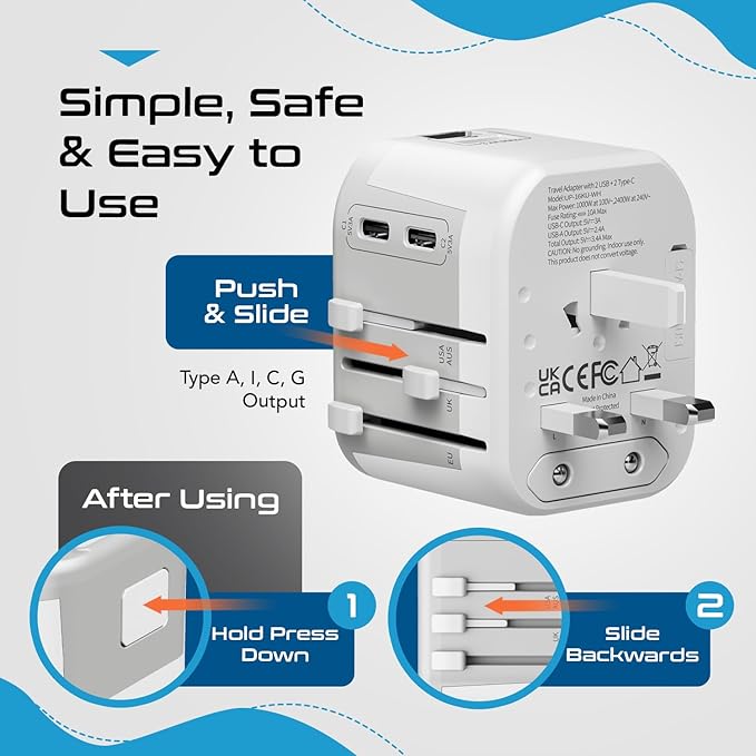 Ceptics International Plug Adapter, 5 in 1 Universal Power Adapter with 2X USB-A & USB-C, Worldwide Travel Essentials with Type A, C, G, I outputs for Europe Germany Spain Australia, UP-16KU-WH