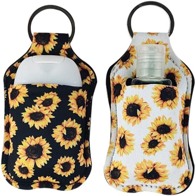 4 Piece Hand Sanitizer Bottle Holder Keyring Neoprene Keychain for 30ML Gym Shampoo Lotion Soap Perfume and Liquids Travel Containers,White Sunflower