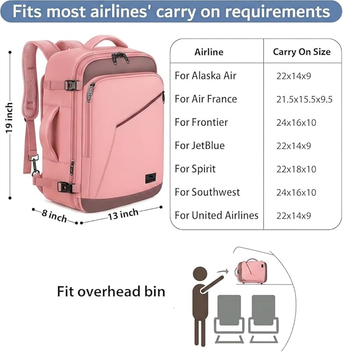 MATEIN Pink Travel Backpack for Women, 40L Water Resistant Carry on Backpack Flight Approved with Chest Strap, Large Travelling Bag for Womens, Cute Casual Daypack for Overnight, Outdoors