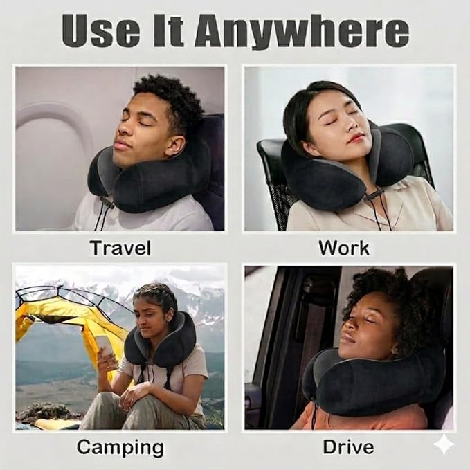Airplane Travel Neck Pillow, 100% Memory Foam Ergonomic Neck Support, Airplanes Neck Pillow with Washable Cover Travel Essential for Flight & Office Include Eye Mask, Earplugs & Carry Bag (Black)