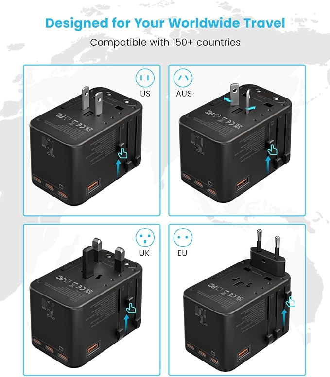 Universal Travel Adapter, VINTAR 75W GaN International Power Adapter with 3 USB-C PD and 2 USB-A QC Charging Ports, All-in-one Outlet Converter Wall Charger for Europe UK USA AUS(Type C/G/A/I), Black