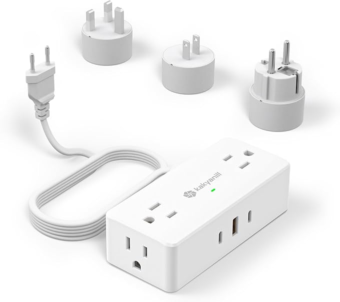 Kakyanill European Travel Plug Adapter, EU/UK/JP Plug Adapter, 4 AC Outlets, 3 USB Ports (2 USB C), 5ft Flat Extension Cord, Compact for Travel
