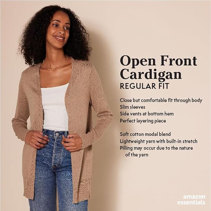 Amazon Essentials Women's Lightweight Long Sleeve Open-Front Cardigan Sweater (Available in Plus Size)