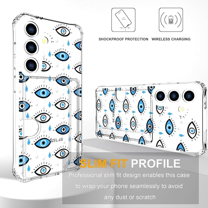 Compatible with Samsung Galaxy S24 / S25 Case Card Holder for Women Cute Design,Wallet Phone Cases Transparent Cool Kawaii Protective (Clear Blue Evil Eyes)
