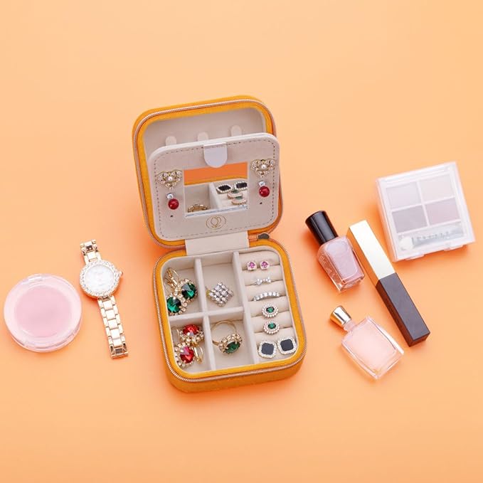 ZPROW Plush Velvet Travel Jewelry Case, Travel Jewelry Organizer, Jewelry Travel Case, Travel Jewelry Box, Small Jewelry Case, Jewelry Travel Box, Earring Organizer with Mirror - Orange