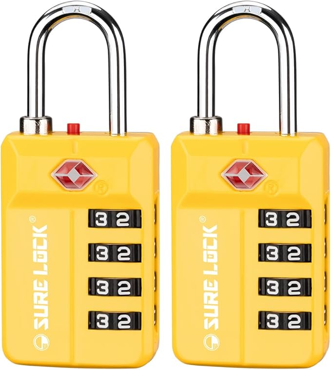 SURE LOCK TSA-Approved 4-Digit Resettable Combination Lock with Open Alert, Easy-Read Dials - for Luggage, School Lockers, Gym, Office, Toolbox & Security Cases (Yellow 2 Pack)