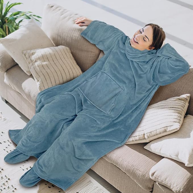 PAVILIA Fleece Blanket with Sleeves, Foot Pockets for Women Men Adults, Plush Wearable Blanket Throw Wrap, Warm Snuggle Blanket Robe, Cozy Gift Ideas Wife Mom, Dusty Blue
