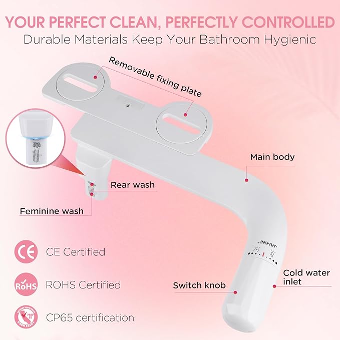 Jamini Left-Hand Ultra-Slim Toilet Bidet Attachment, Non-Electric, Dual Nozzles for Rear and Female Front Wash, Adjustable Single Cold Water Pressure, 0.23" Slim Profile, Detachable for Easy Cleaning