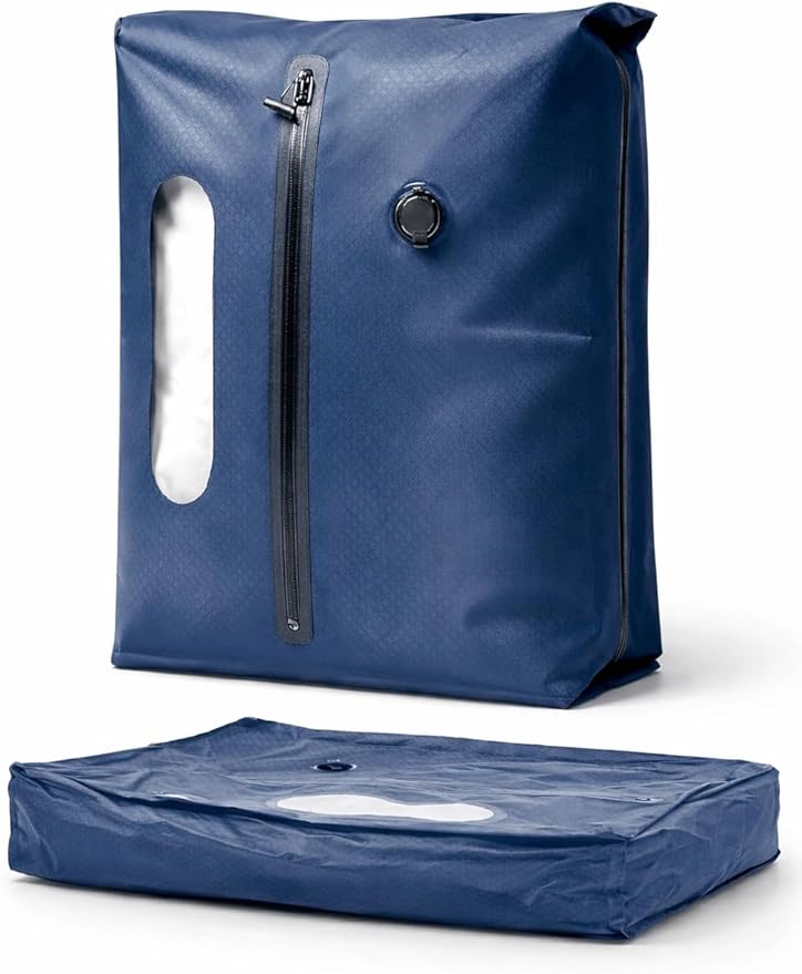 Vacuum Seal Bag for Clothing Travel - TSA Compliant Airless PacPro 48L, Carry-On Compression Packing Cube for Luggage and Backpacks, Pump-free Air Valve (Large, Blue)