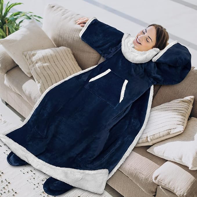 PAVILIA Sherpa Blanket with Sleeves, Foot Pocket for Women Men Adults, Thick Wearable Blanket Throw Wrap, Fleece Warm Snuggle Blanket Robe, Cozy Gift Ideas Wife Mom, Navy Blue