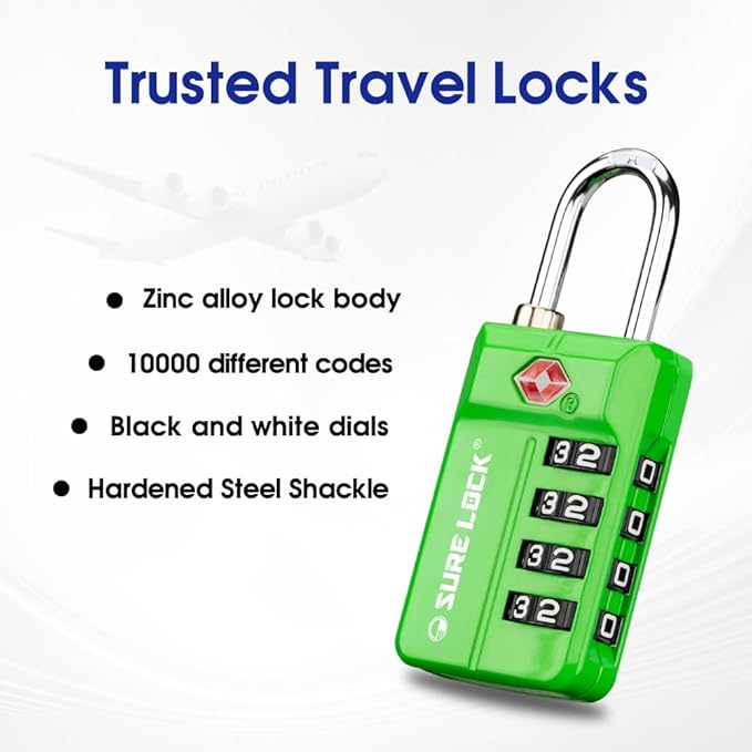 SURE LOCK TSA Approved 4-Digit Resettable Combination Luggage Lock with Open Alert, Easy-Read Dials - for Luggage, School Lockers, Gym, Office, Toolbox & Security Cases(Green 1 Pack)