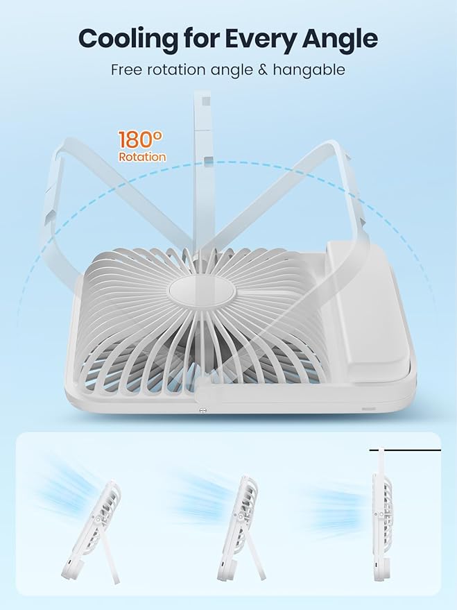 Warmco 10000mAh Portable Travel Fan 7-inch, Max 24H Runtime, Ultra-thin Quiet Rechargeable Battery Operated Desk Fan with Digital Display for Camping, Office, Bedroom, Cruise Essentials White