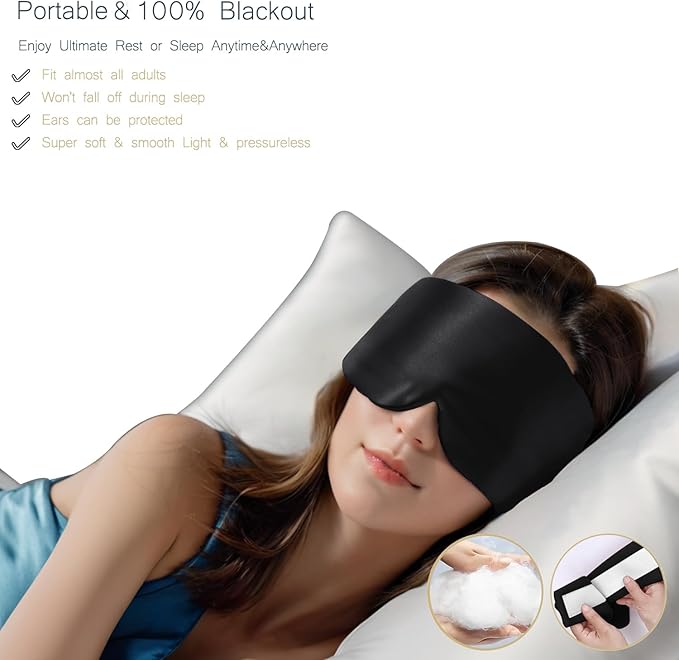 Satin Sleep Eye Mask, 100% Complete Blackout Sleeping Mask for Women Men Side Sleepers, Zero Pressure Eye Shade with Adjustable Strap, Lightweight Breathable Night Blindfold for Travel Shift Work Naps