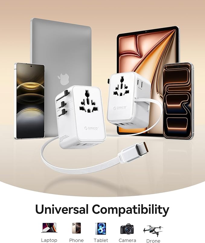 ORICO Universal Travel Adapter 70W GaN International Power Adapter with 2 AC, 3 USB-C and 2 USB-A Ports, Built-in Retractable USB-C Cable, European Travel Plug Adapter for Eu US UK AU & 200+ Countries