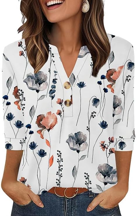 OFEEFAN Womens Tops 3/4 Sleeve Henley Shirts for Women Summer Outfits Fashion Clothing
