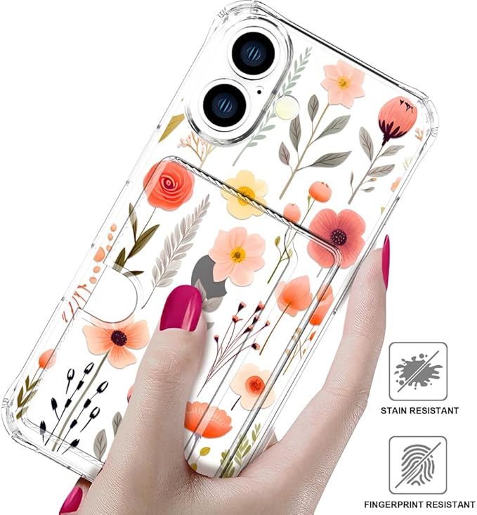 Compatible with iPhone 16 Plus Case Card Holder for Women Cute Design,Wallet Phone Cases Transparent Cool Kawaii Protective (Clear Flowers Leaves)