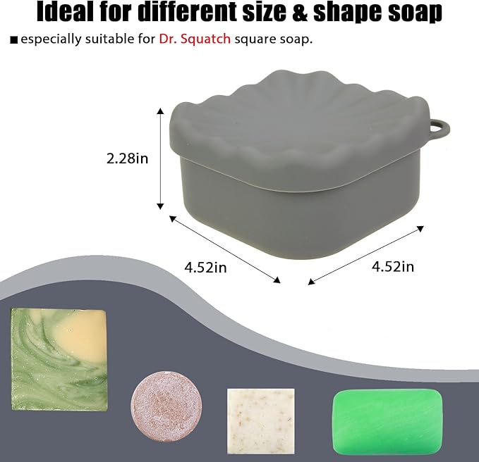 Square Travel Soap Case, Bar Soap Holder for Dr Squatch, Silicone Soap Case with Soap Saver, Portable Shampoo Bar Soap Box for Shower, Travel, Camp (Dark Gray)