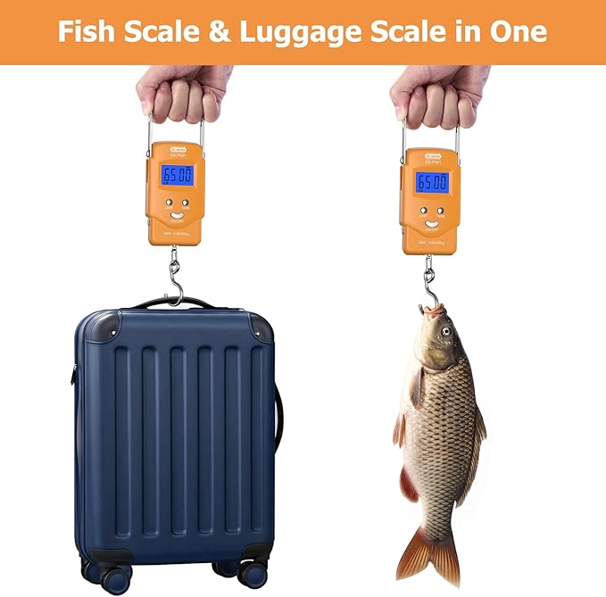 Dr.meter Fish Scale Luggage Scale Fishing Gear - 110lb Backlit LCD Display Digital Scale with Built-in Measuring Tape - Fishing Scale with 2 AAA Batteries, Pocket Size - Fishing Gifts for Men