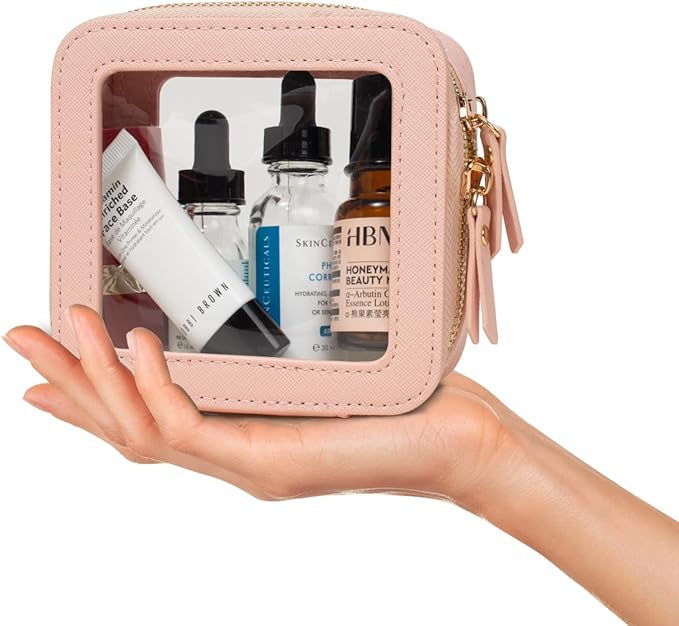LETGO Clear Makeup Bag Small, Mini Travel Toiletry Bag Cosmetic Organizer, TSA Approved Transparent Case Pouch with Zipper, Car Essentials for Women Men (Mini Pink)