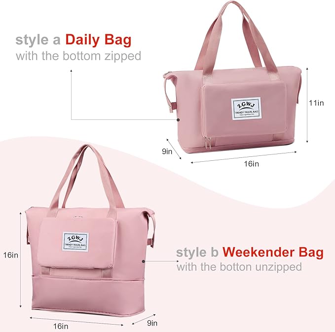 ZGWJ Travel Tote Bags, Expandable Overnight Weekender Bag for Women Foldable Carry-On | Expandable, Overnight, Foldable, Carry-On