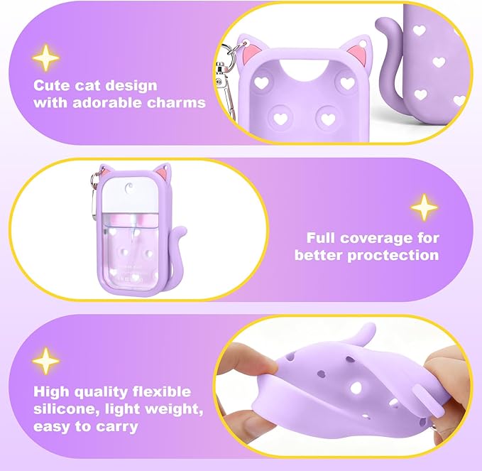 Juome Silicone Case for Touchland Hand Sanitizer Spray with Keychain & Charms, Cat Protective Holder Compatible with Touchland Power Mist & Glow Mist 1 FL Oz/30ML,Travel Cover Sleeve Accessory -Purple