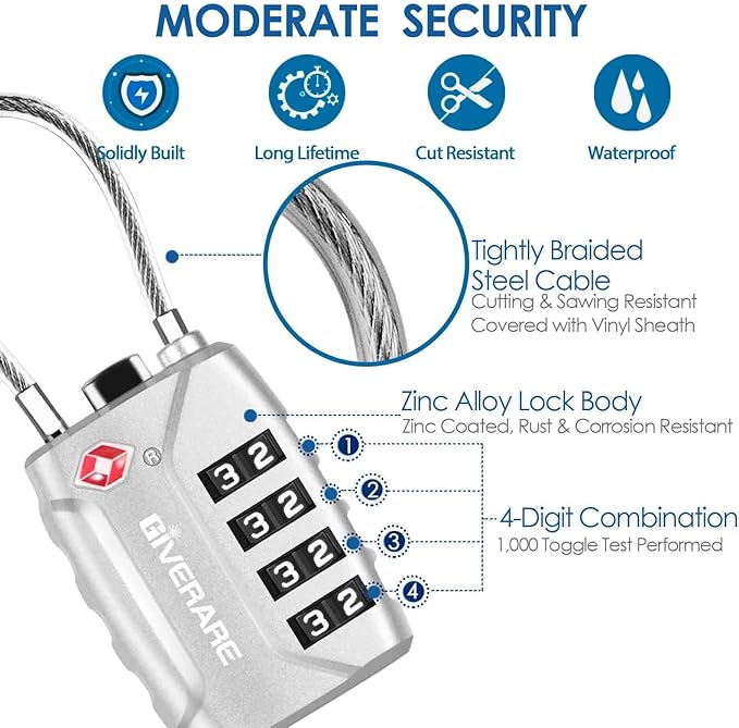 2 Pack TSA Approved Travel Luggage Locks, 4-Digit Metal Cable Combination Suitcase Lock, Alloy Padlocks, Weatherproof Padlock for Locker, Golf Bag, Gun Case, Backpack, Anti Theft-Black&Silver