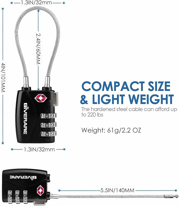 2 Pack TSA Approved Travel Luggage Locks, Long Cable Combination Lock Alloy, Metal Keyless 3-Digit Padlocks, Weatherproof TSA Accepted Padlock for Toolbox Gym Locker Golf Bag Case Backpack-Black