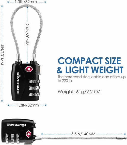 2 Pack TSA Approved Travel Luggage Locks, Long Cable Combination Lock Alloy, Metal Keyless 3-Digit Padlocks, Weatherproof TSA Accepted Padlock for Toolbox Gym Locker Golf Bag Case Backpack-Black