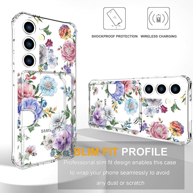 Compatible with Samsung Galaxy S24+ Plus / S25+ Plus Case Card Holder for Women Cute Design,Wallet Phone Cases Transparent Cool Kawaii Protective (Clear Amazing Lovely Flowers)