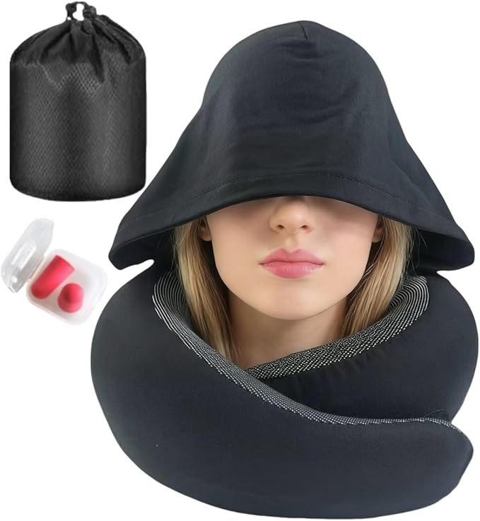 Travel Neck Pillow with Extra Large Hood Rollable Airplane Hooded Neck Pillow with Memory Foam Filling and Removable, Skin-Friendly Cover with a Carrying Pouch (Cationic)