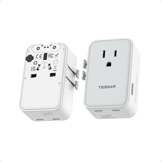 Universal Travel Adapter 20W, TESSAN Ultra Slim International Power Adapter with 2 USB-C 1 USB-A, Travel Plug Adaptor Worldwide for US to European UK Spain Italy England New Zealand (Type C G A I)